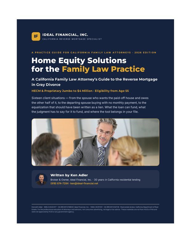 Cover of Home Equity Solutions for the Family Law Practice, a 2026 practice guide for California family law attorneys from Ideal Financial, Inc.
